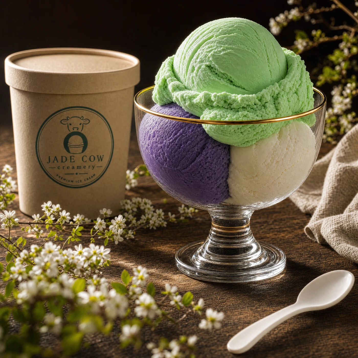 Pandan, ube, and White Rabbit scoops in a gold-rimmed glass beside a Jade Cow Creamery pint